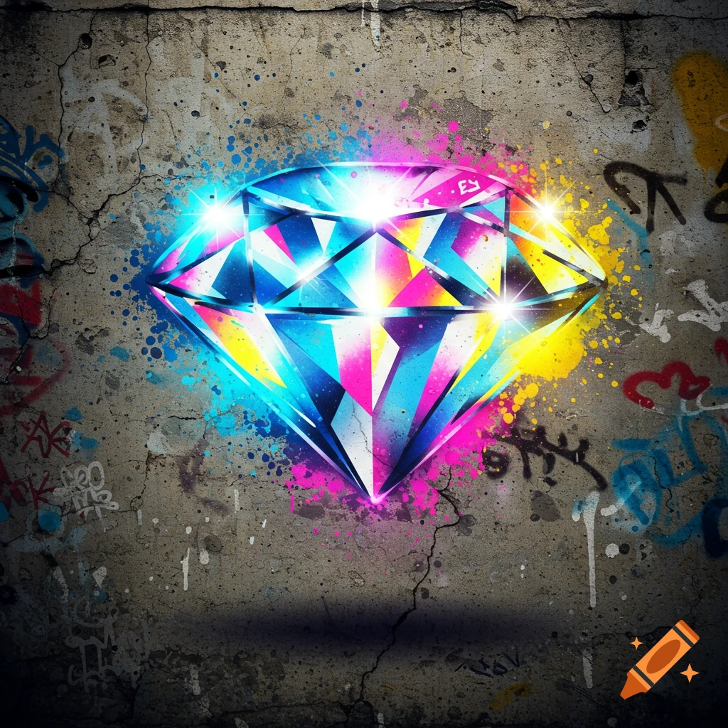A vibrant, glowing diamond painted as graffiti on a weathered concrete wall covered in colorful tags and splatters.