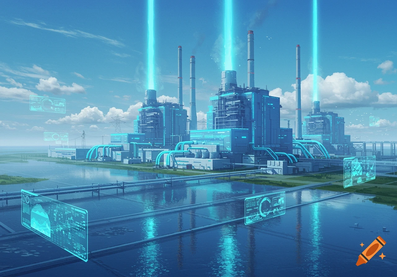 A futuristic power plant with blue glowing elements and holographic screens beside a body of water under a blue sky.