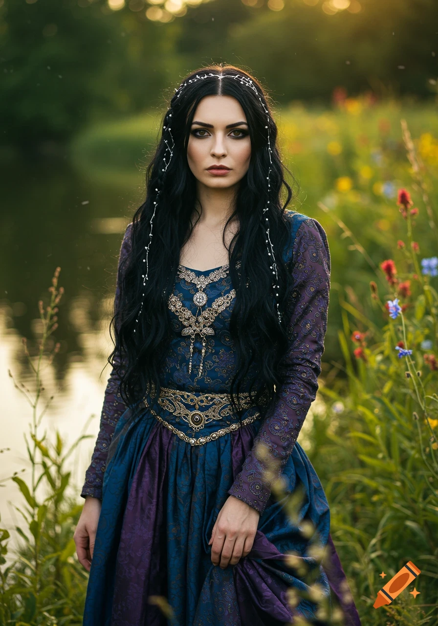 A woman with long dark hair and a dark blue and purple medieval-style gown stands by a sunlit pond surrounded by wildflowers.