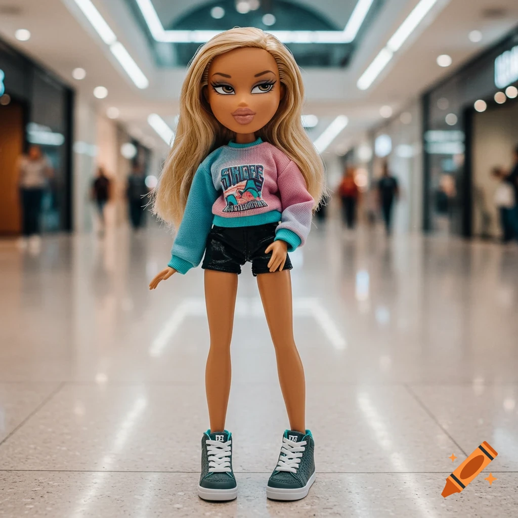 A blonde Bratz doll in a colorful sweatshirt, black shorts, and DC high-top sneakers stands in a blurred mall.