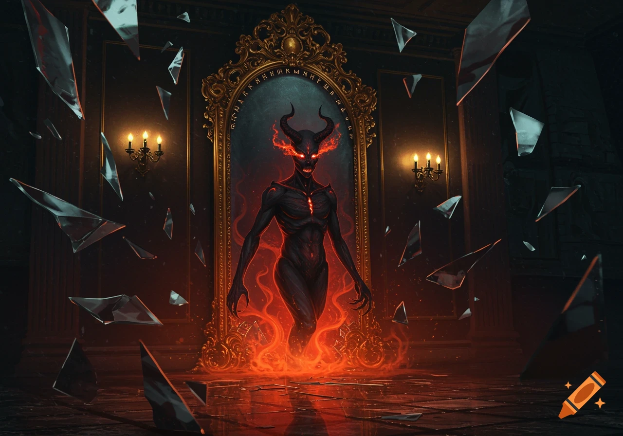 A horned, black-skinned demon with glowing red eyes and fiery aura emerges from an ornate golden mirror, surrounded by shards of broken glass in a dark, candlelit room.