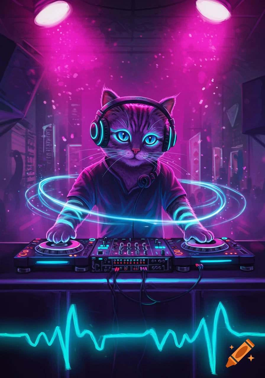 A cartoon cat wearing headphones, DJing on a mixer with glowing neon lights in a dark, futuristic club setting.