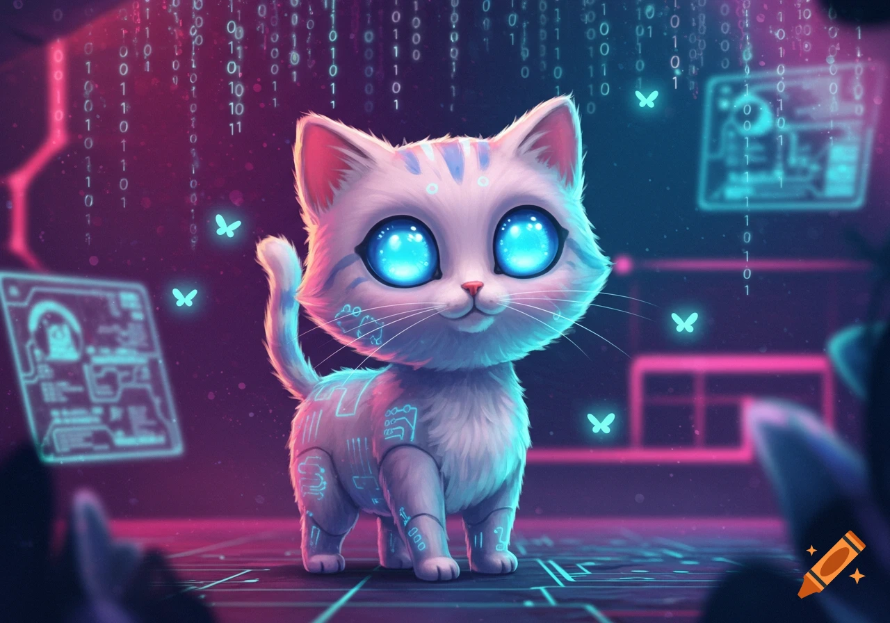 A cute, stylized white cat with large glowing blue eyes stands in a futuristic, neon-lit digital world with binary code.