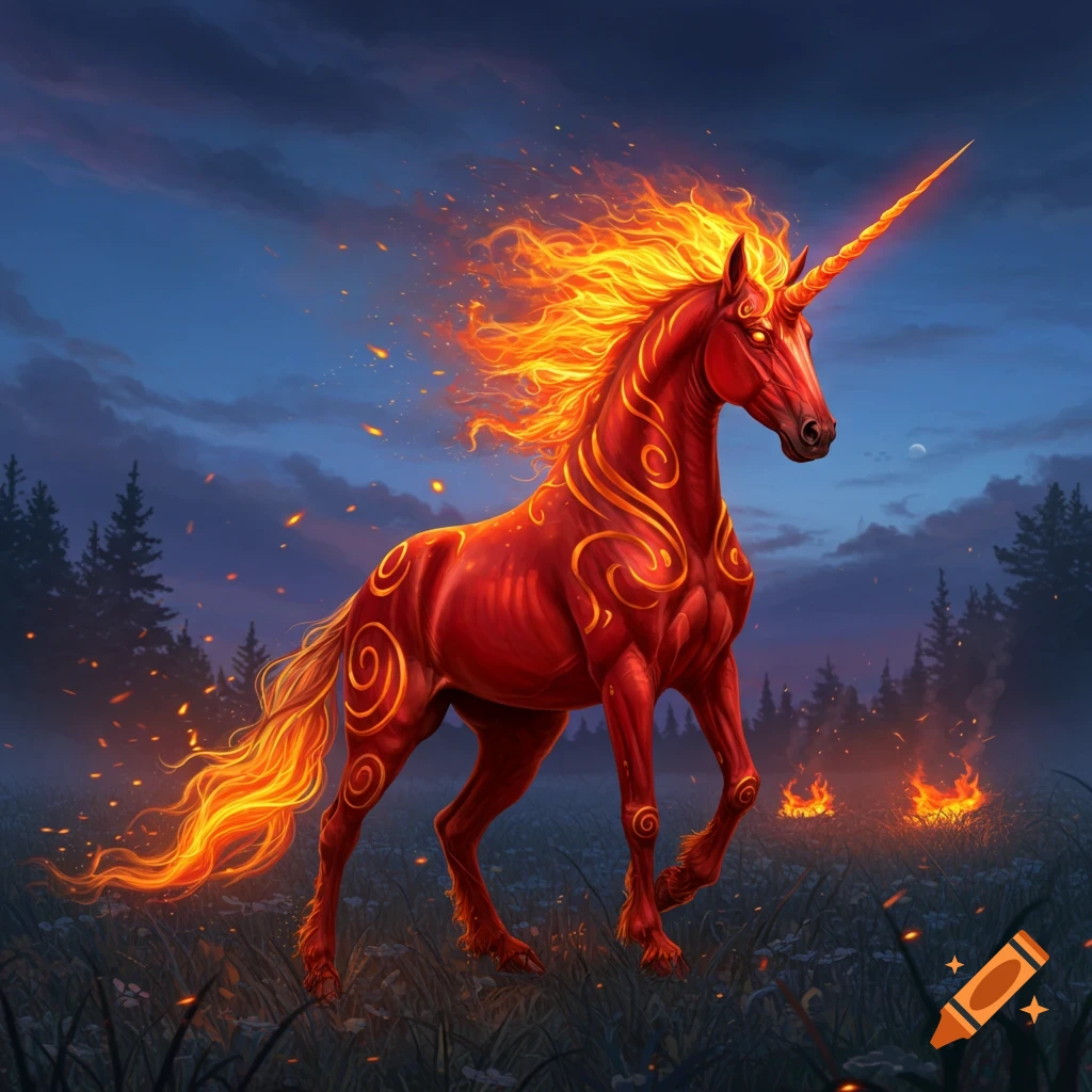 A majestic red unicorn with a fiery mane and tail, and glowing orange flame designs on its body, stands in a dark forest field at dusk with small fires burning on the ground.