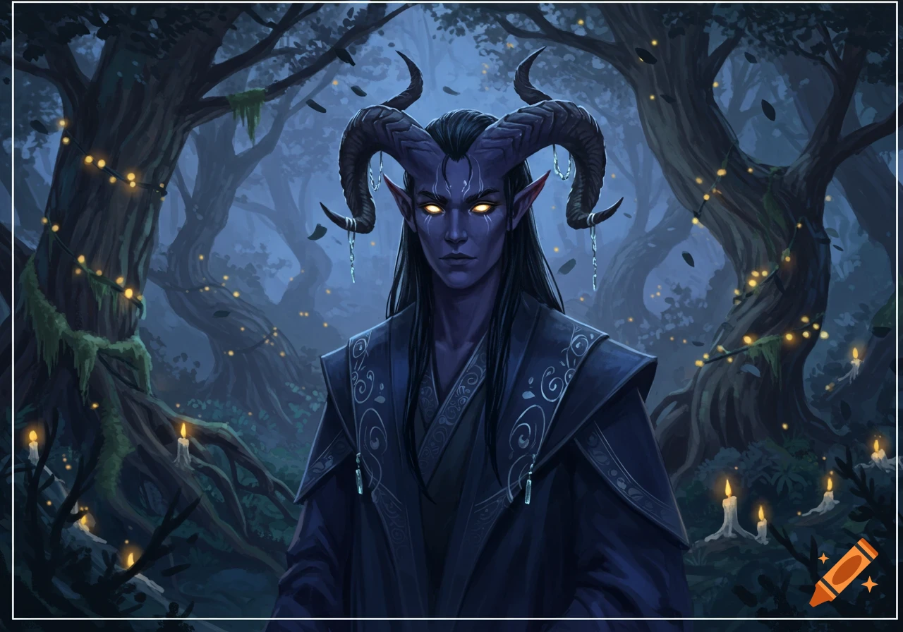 A blue-skinned tiefling with large horns and glowing yellow eyes stands in a dark, mystical forest lit by fairy lights.