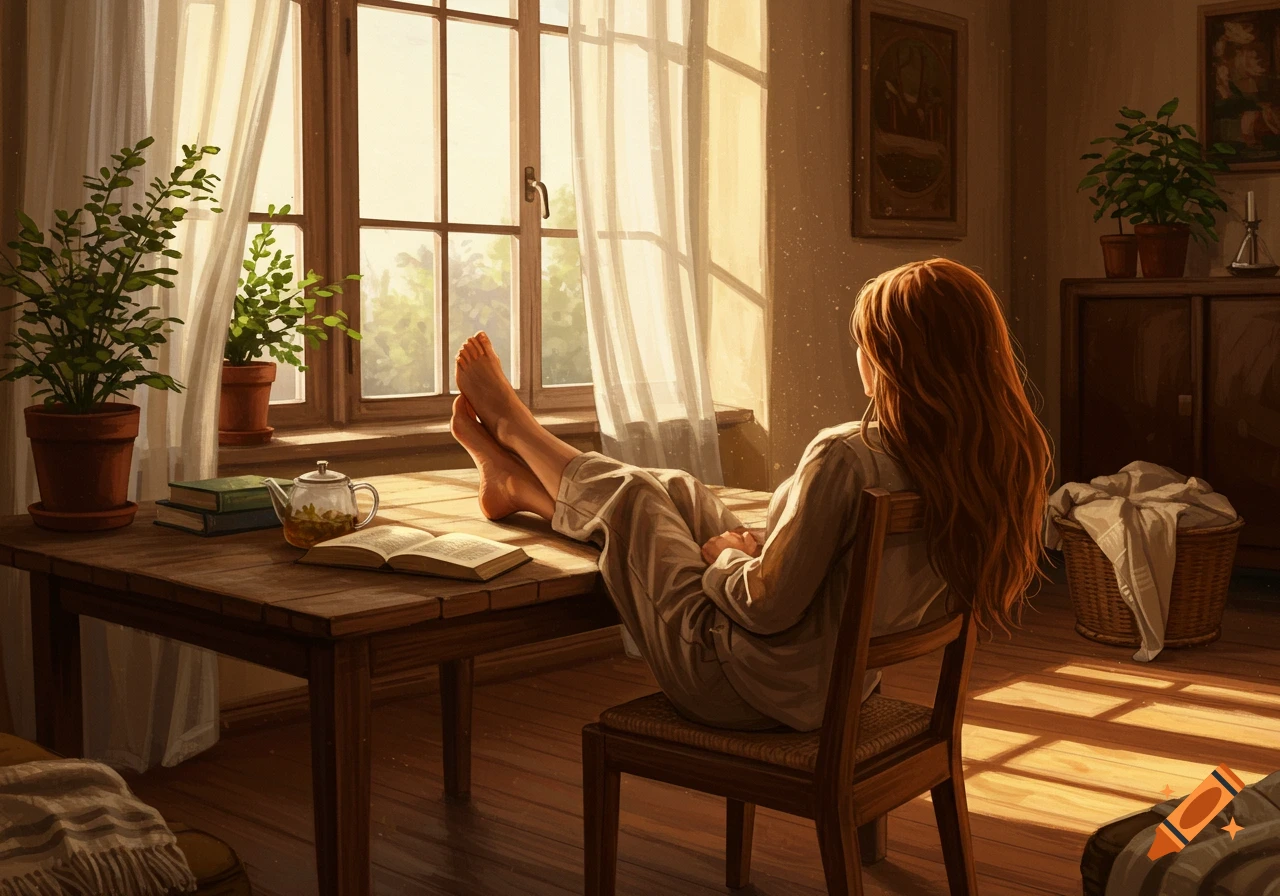 Digital painting of a red-haired woman relaxing by a sunlit window, with her bare feet on a wooden table, a book, and teapot nearby.