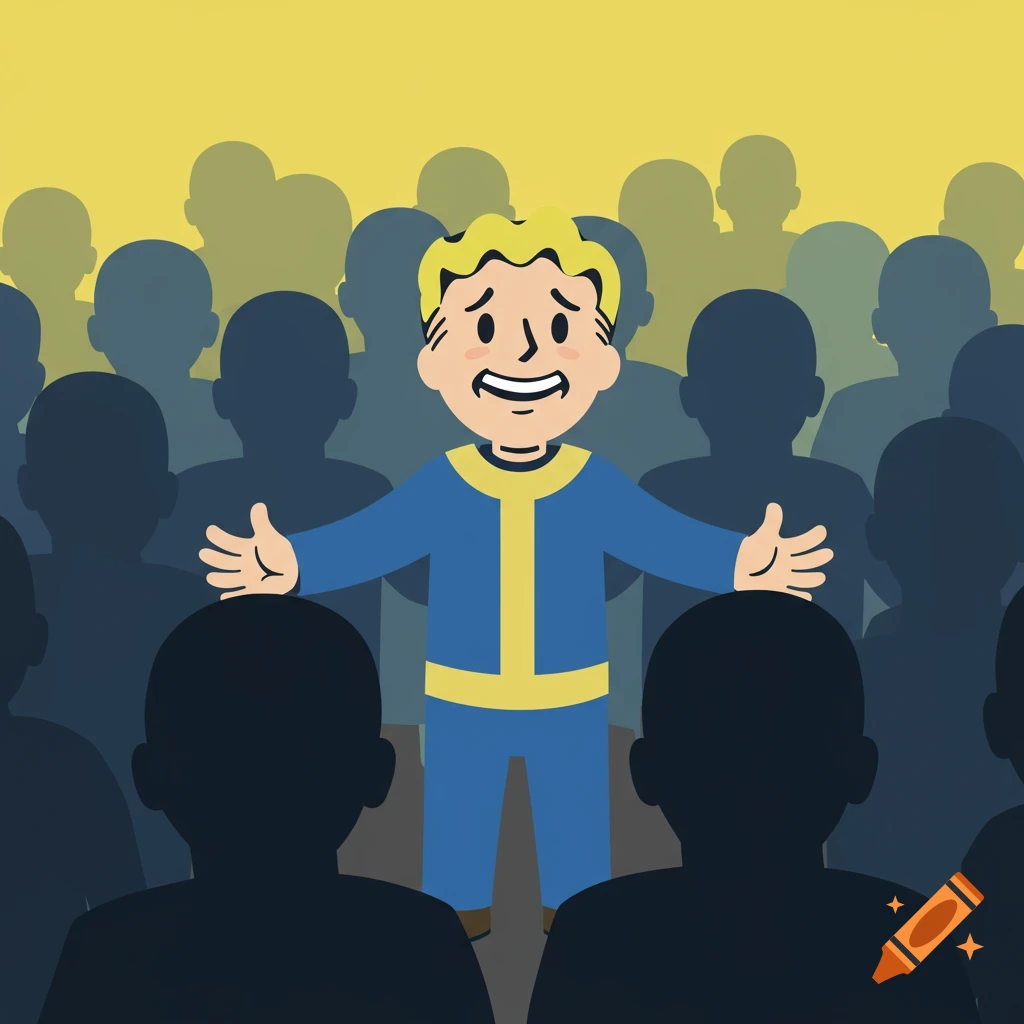 Vault Boy, a cartoon character, stands smiling with arms outstretched in front of a shadowy crowd with a yellow background.