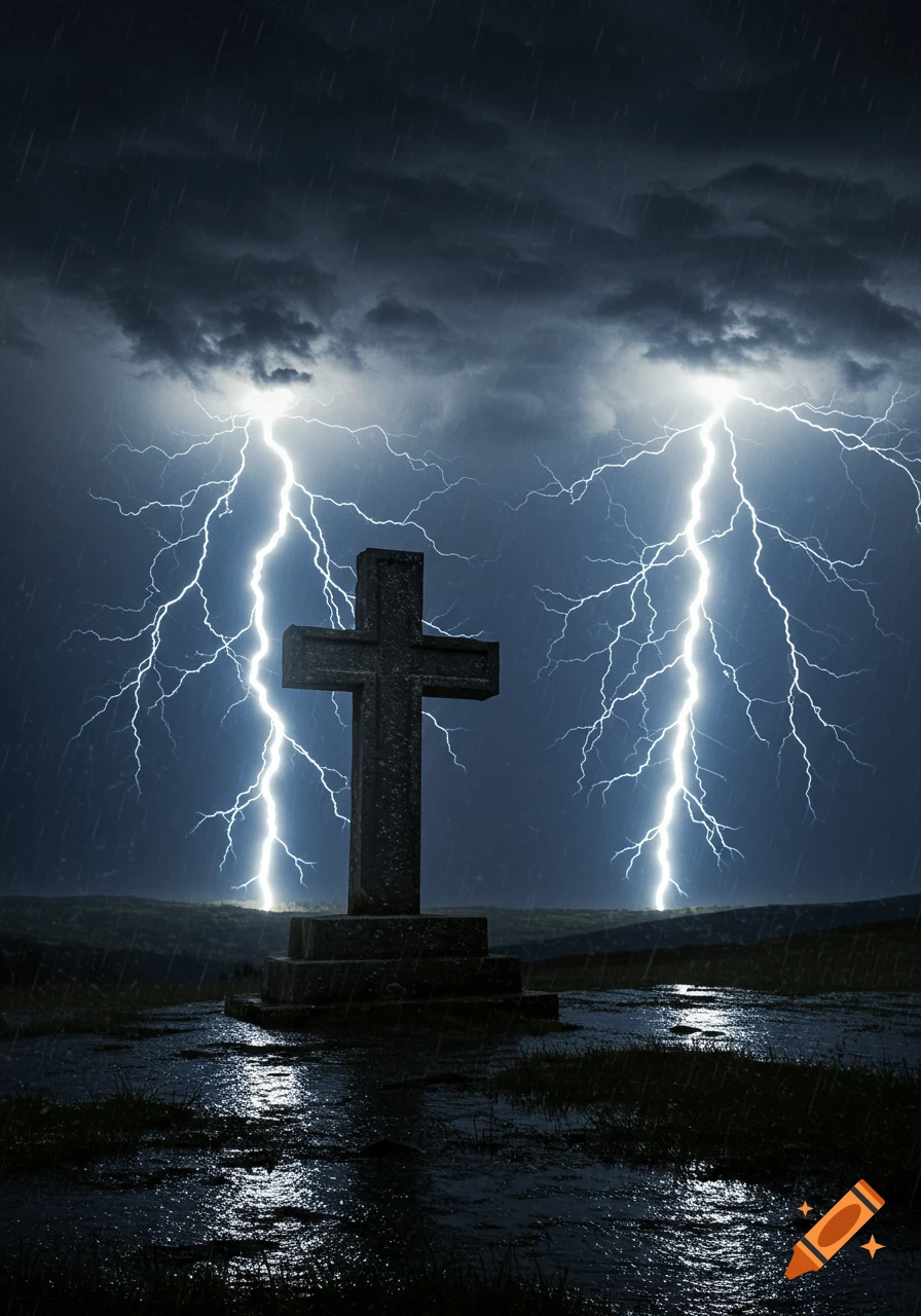 A photorealistic image of a stone cross on wet ground under a stormy sky with rain and multiple lightning strikes.