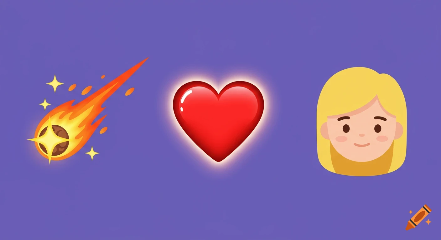 Three cartoon emojis on a purple background: a glowing comet, a red heart, and a blonde girl's head.