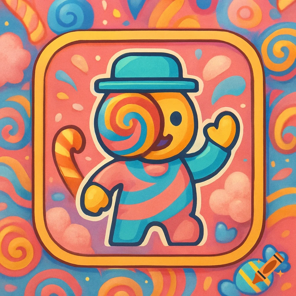 A colorful, cute cartoon character with a swirled lollipop head, wearing a blue hat and striped shirt, waving inside a rounded yellow border, surrounded by candy.