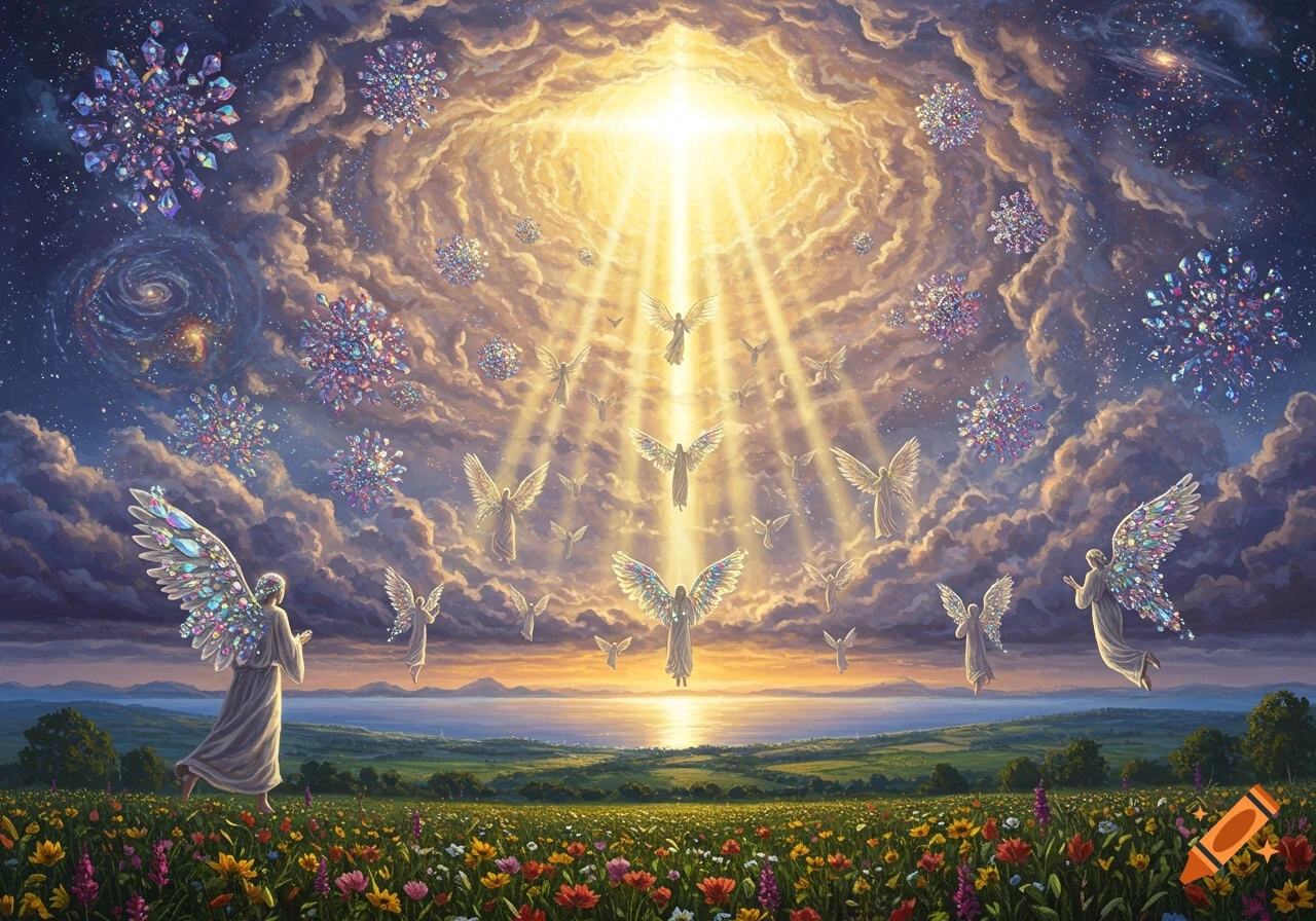 Celestial scene with angels flying from a bright light in a swirling sky adorned with colorful jewels, over a vibrant flower field.