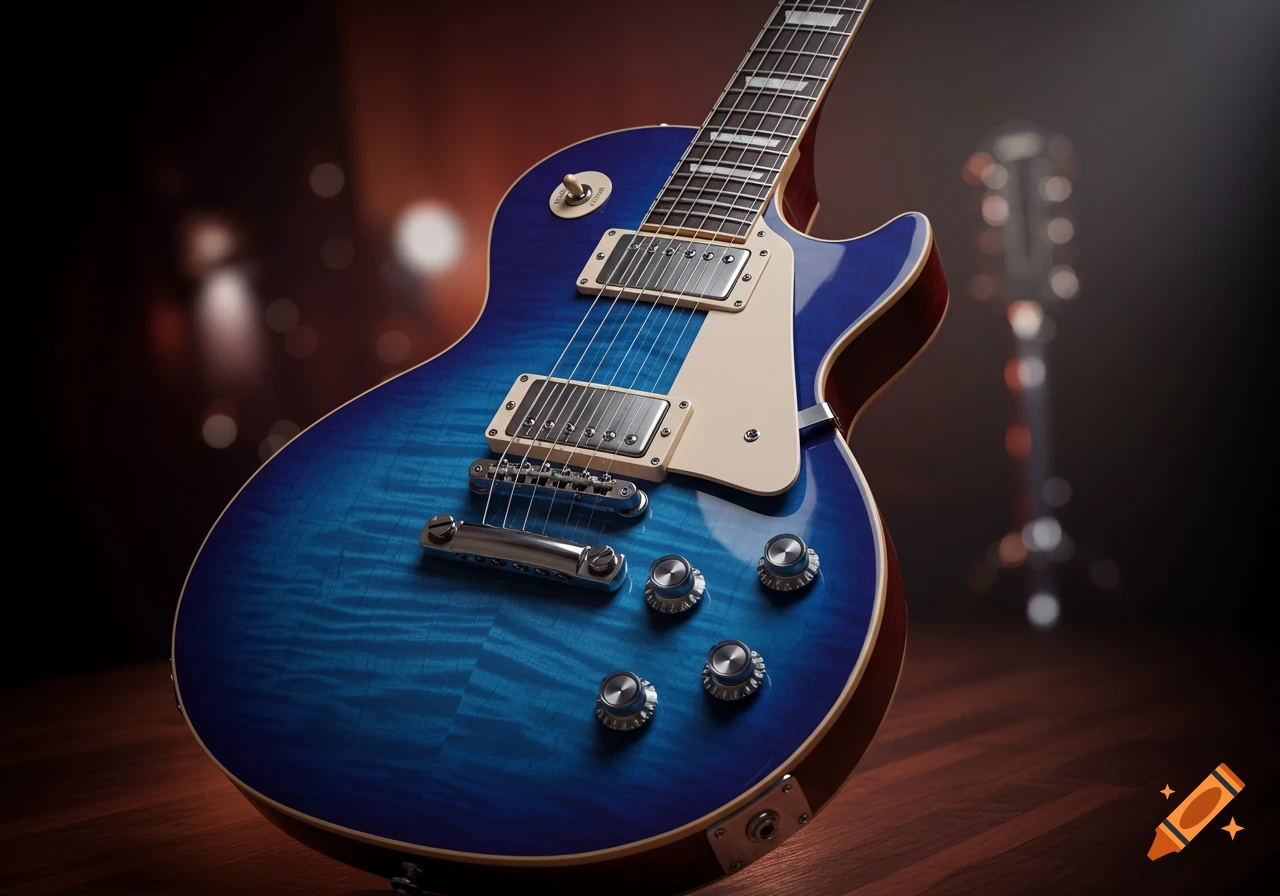 A close-up of a blue burst electric guitar on a wooden floor with a blurred background.