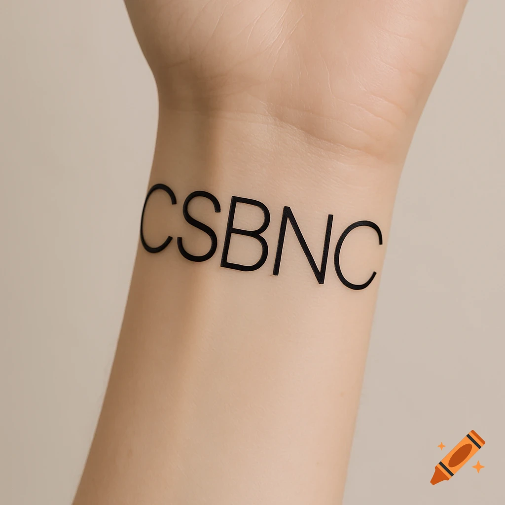 Close-up of a person's wrist with a black line tattoo of the letters CSBNC.