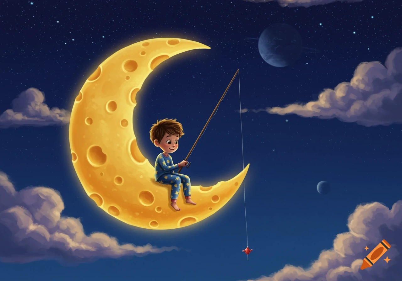 Cartoon boy in pajamas fishing from a crescent moon made of cheese in a starry night sky with planets and clouds.