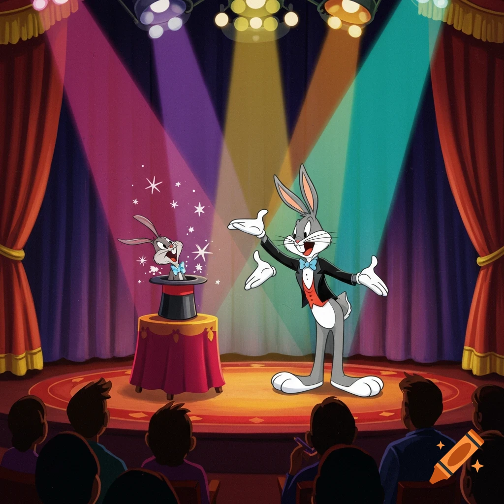 Bugs Bunny on a stage, dressed as a magician, pulling a small rabbit out of a top hat under colorful spotlights, in a cartoon style.