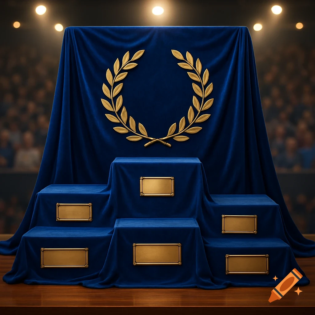 A multi-level podium draped in royal blue velvet, featuring gold plaques and a large gold laurel wreath on the backdrop, under bright spotlights.