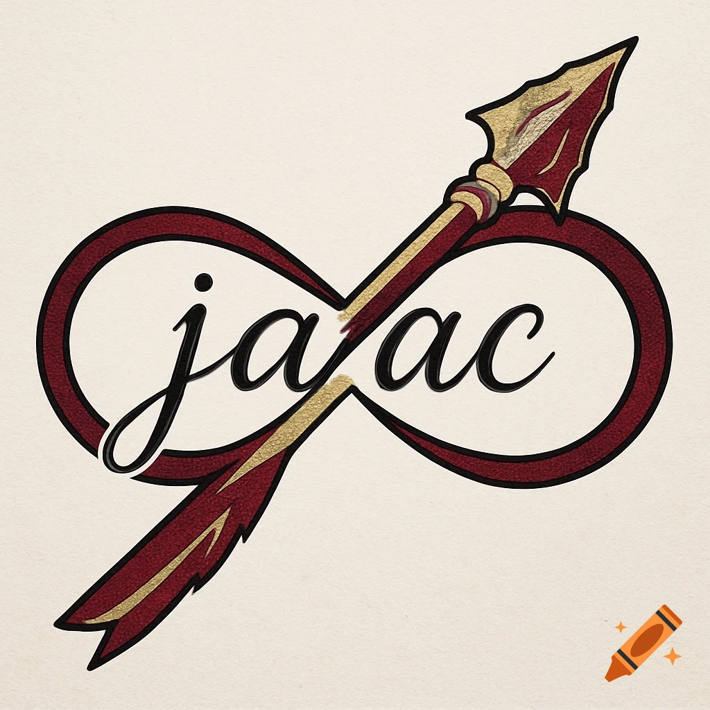 A red and gold infinity symbol intertwined with a Florida State Seminoles spear, with the letters 'jaac' in script inside the loop.