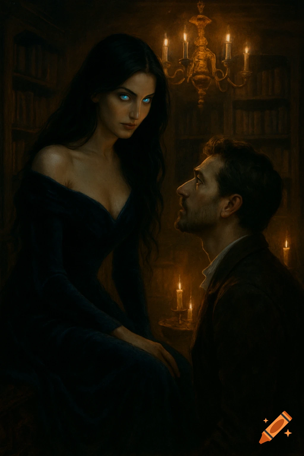 A dark-haired woman with glowing blue eyes in a blue dress looks at the viewer, while a man looks up at her in a candlelit, bookshelf-filled room. Painterly style.