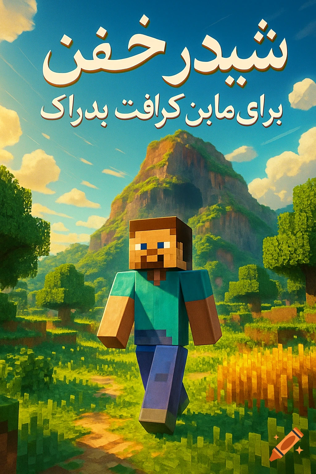 Minecraft character Steve walks through a sunny, blocky landscape with mountains and fields, with Persian text above.