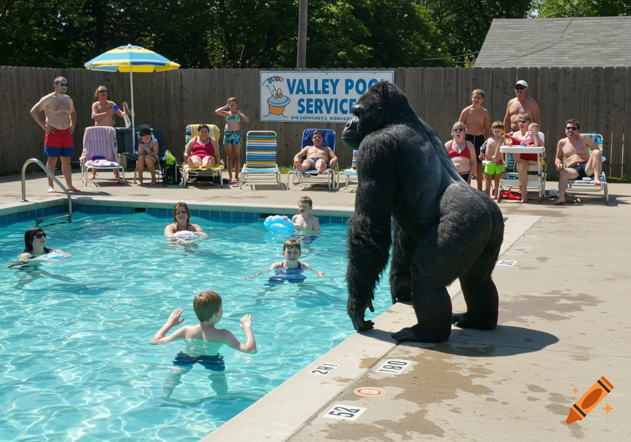 A large gorilla stands at the edge of a bright blue swimming pool, while people swim and lounge around it on a sunny day. A sign for 'Valley Pool Service' is visible in the background.