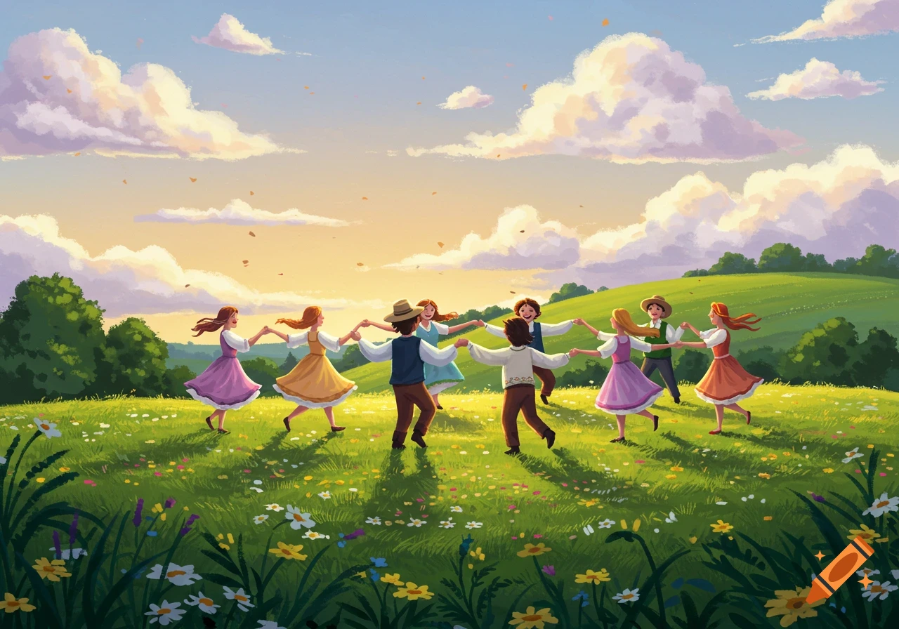 An illustration of people dancing in a circle in a vibrant green field with wildflowers under a colorful sunset sky.