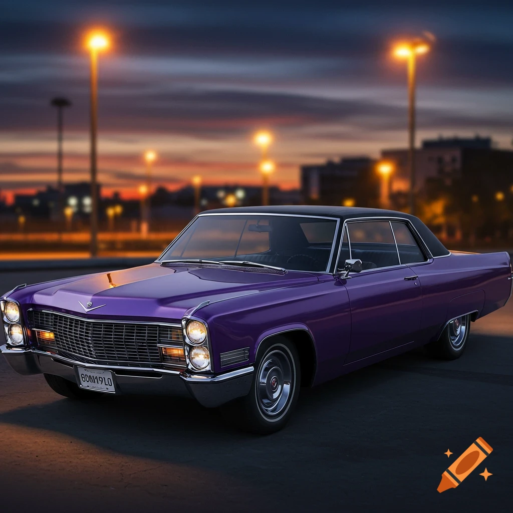Photorealistic image of a purple 1964 Cadillac Deville coupe with a black roof parked at dusk.