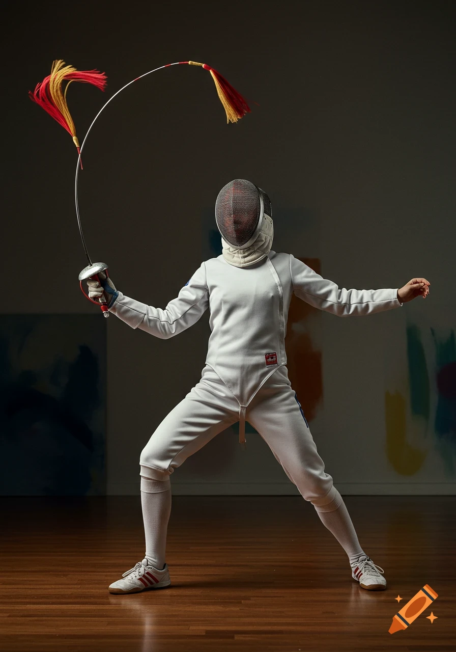 A fencer in full white gear and mask holds a flexible baton with red and yellow tassels in a dark room.