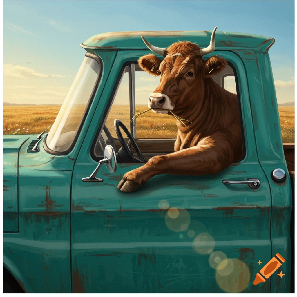 An illustrated brown cow with horns driving an old teal pickup truck through a golden field, chewing on hay.
