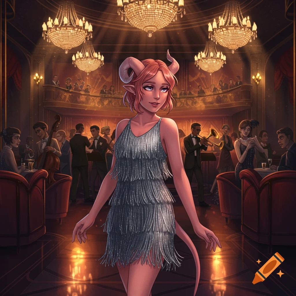 Anime-style illustration of a pink-skinned tiefling woman in a silver fringed 1920s dress in an elegant ballroom.
