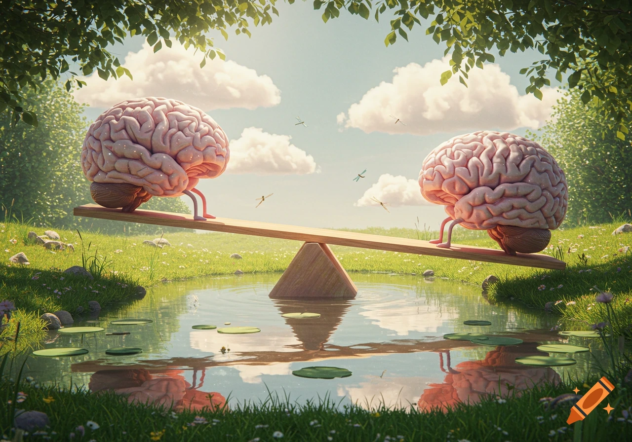 Two stylized brains balance on a seesaw over a pond in a bright, green landscape with trees and dragonflies.
