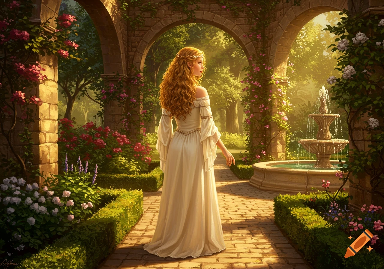A woman in a white medieval-style dress stands in a lush garden with stone arches and a fountain, bathed in warm sunlight.