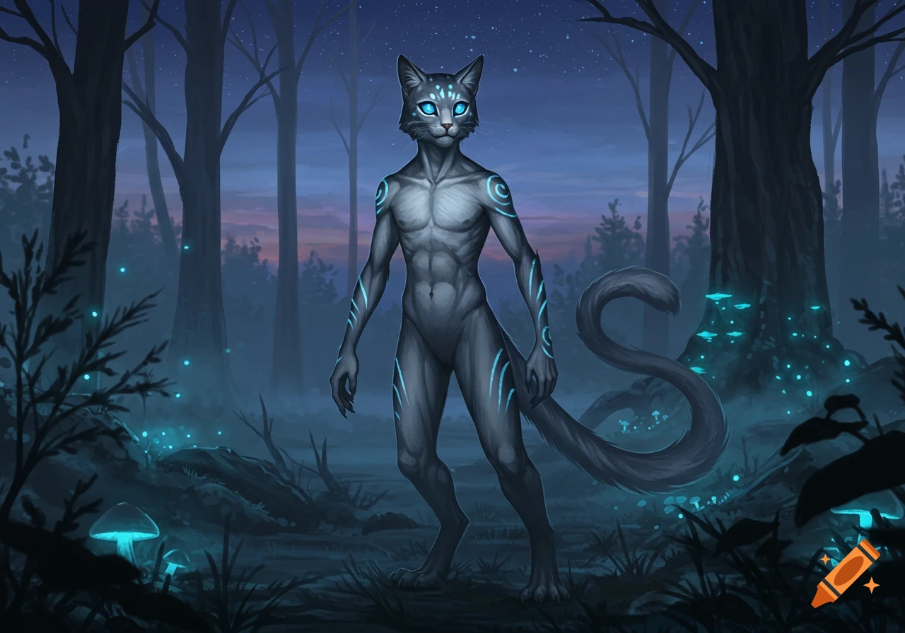A grey humanoid cat creature with glowing blue eyes and markings stands in a magical blue-lit forest.