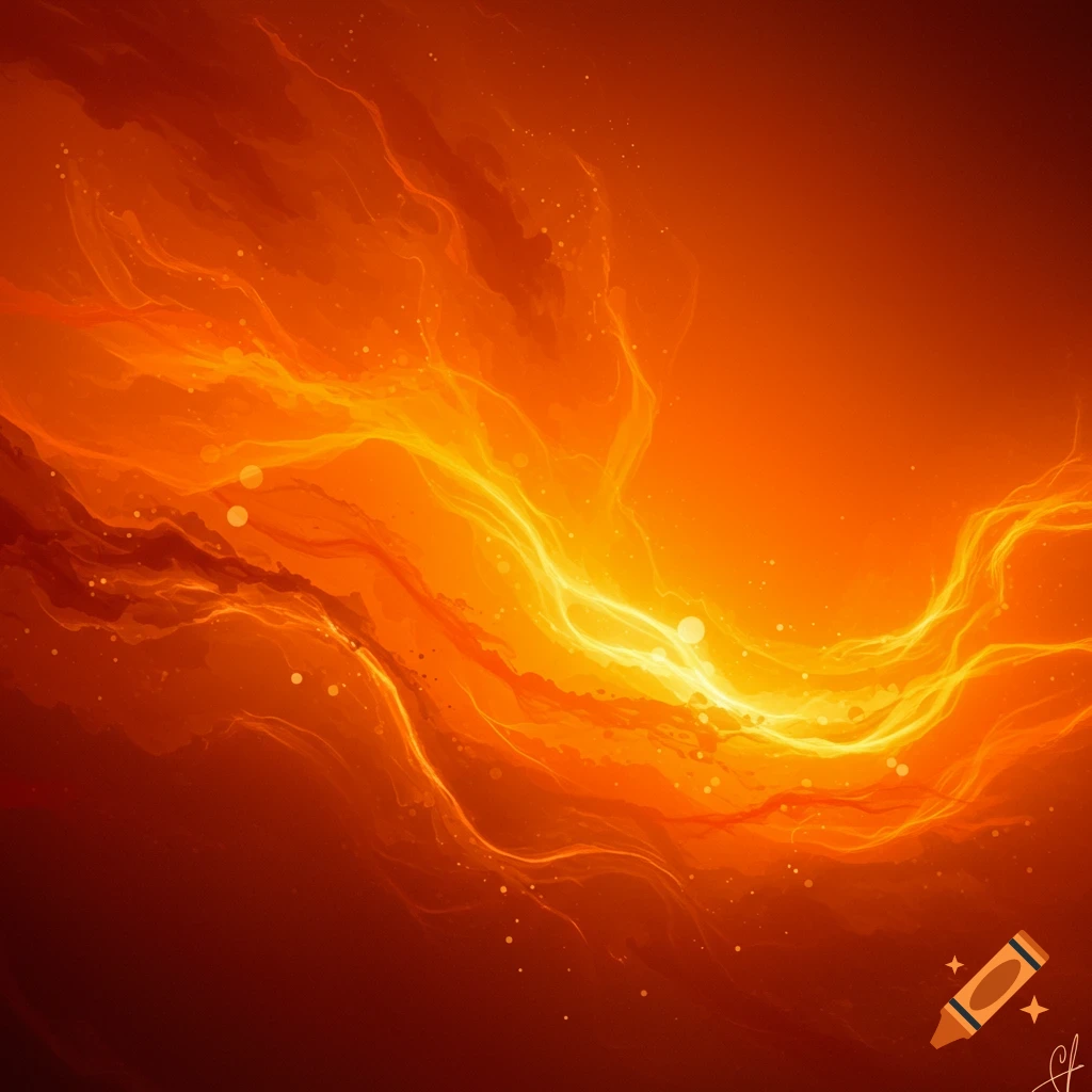 Abstract fiery orange and yellow energy waves with glowing wisps and speckles.