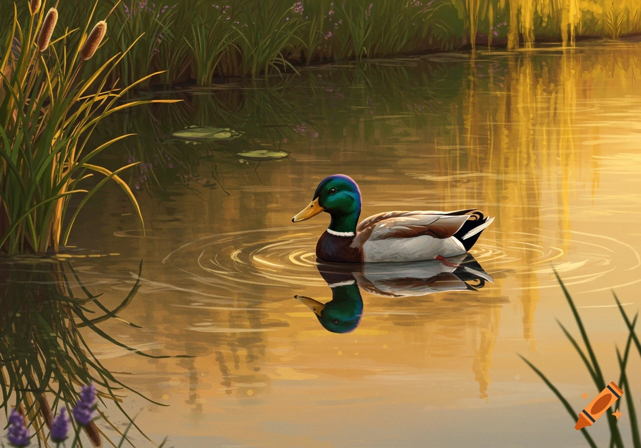 A colorful mallard duck swims in a sunlit pond with cattails and water ripples in an illustrative style.