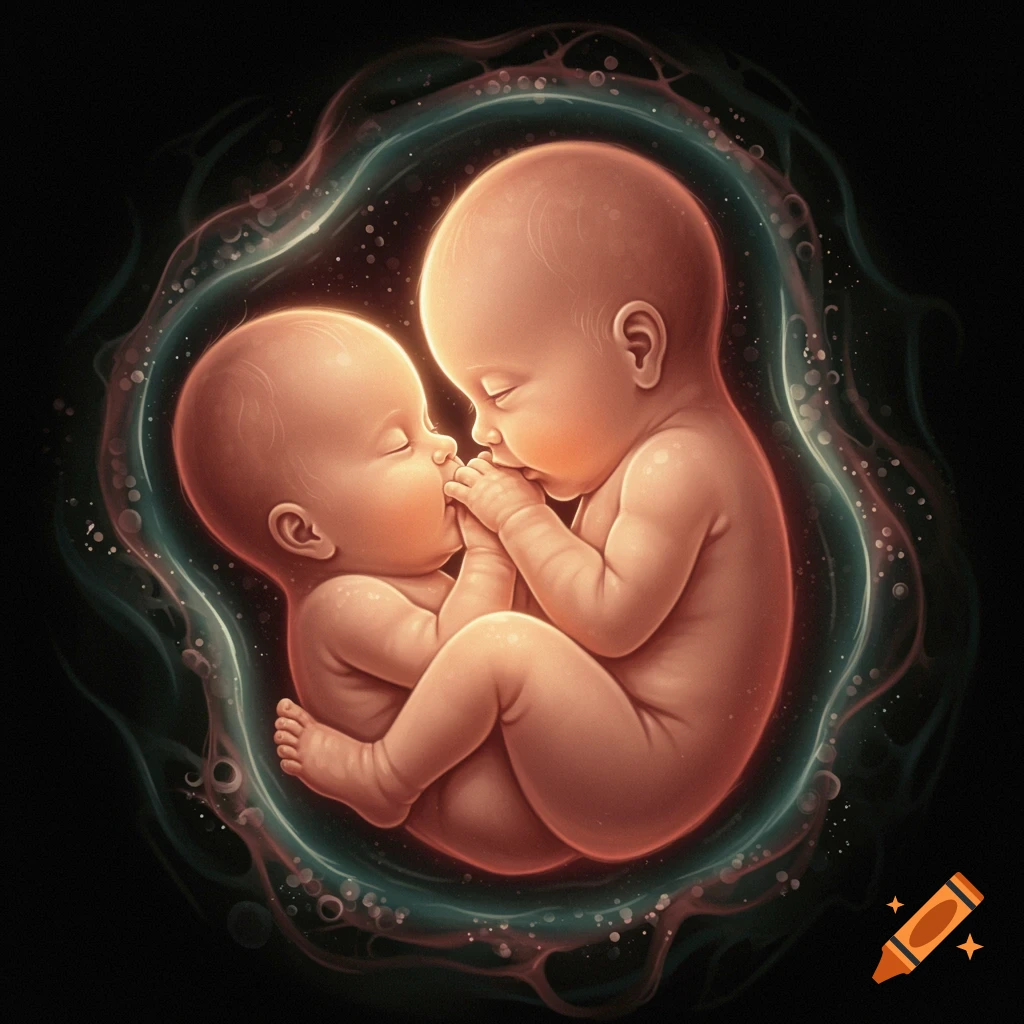 Two infants nestled in a glowing, ethereal womb, depicting a prenatal stage.