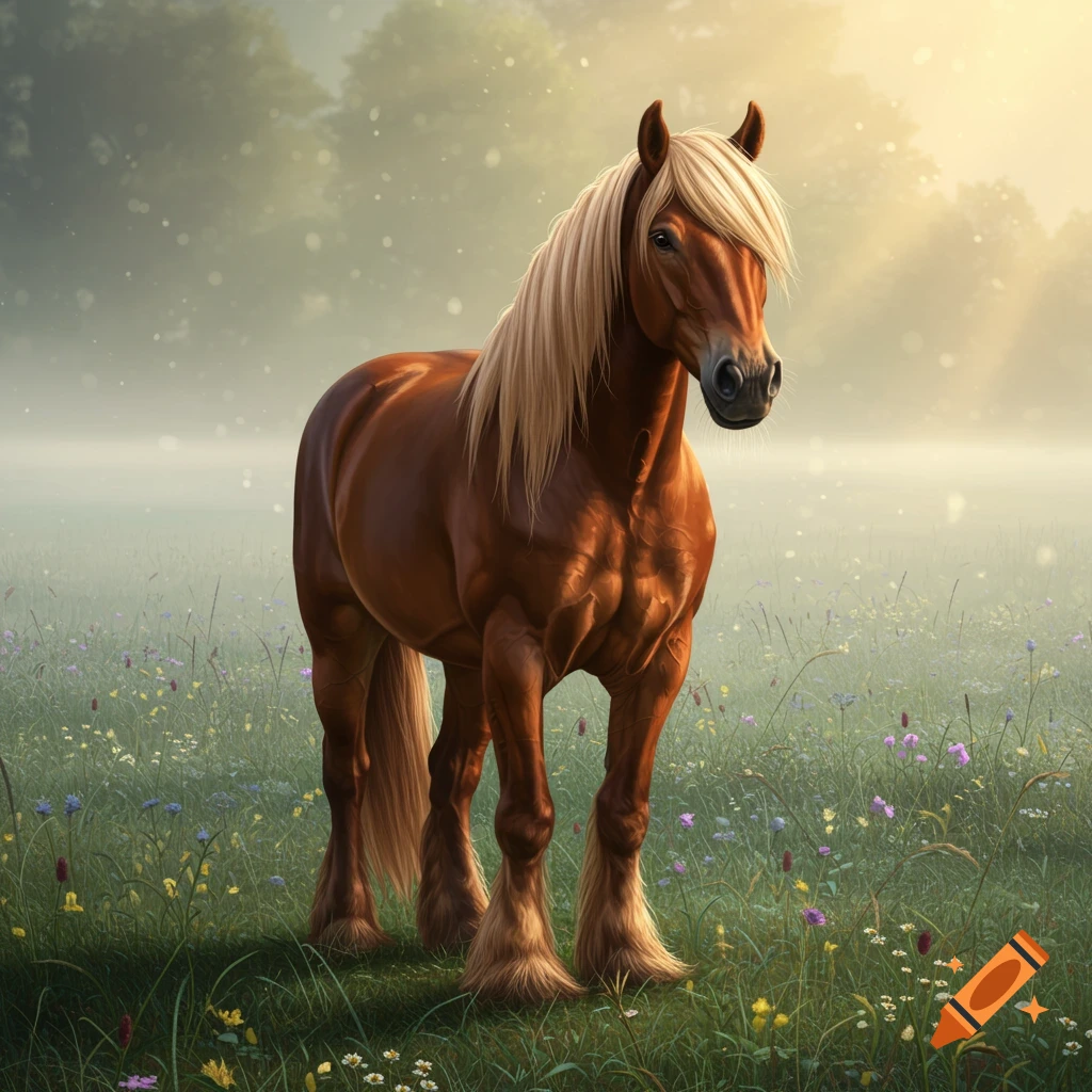 A majestic brown horse with a light blonde mane stands in a misty field of wildflowers during sunrise.