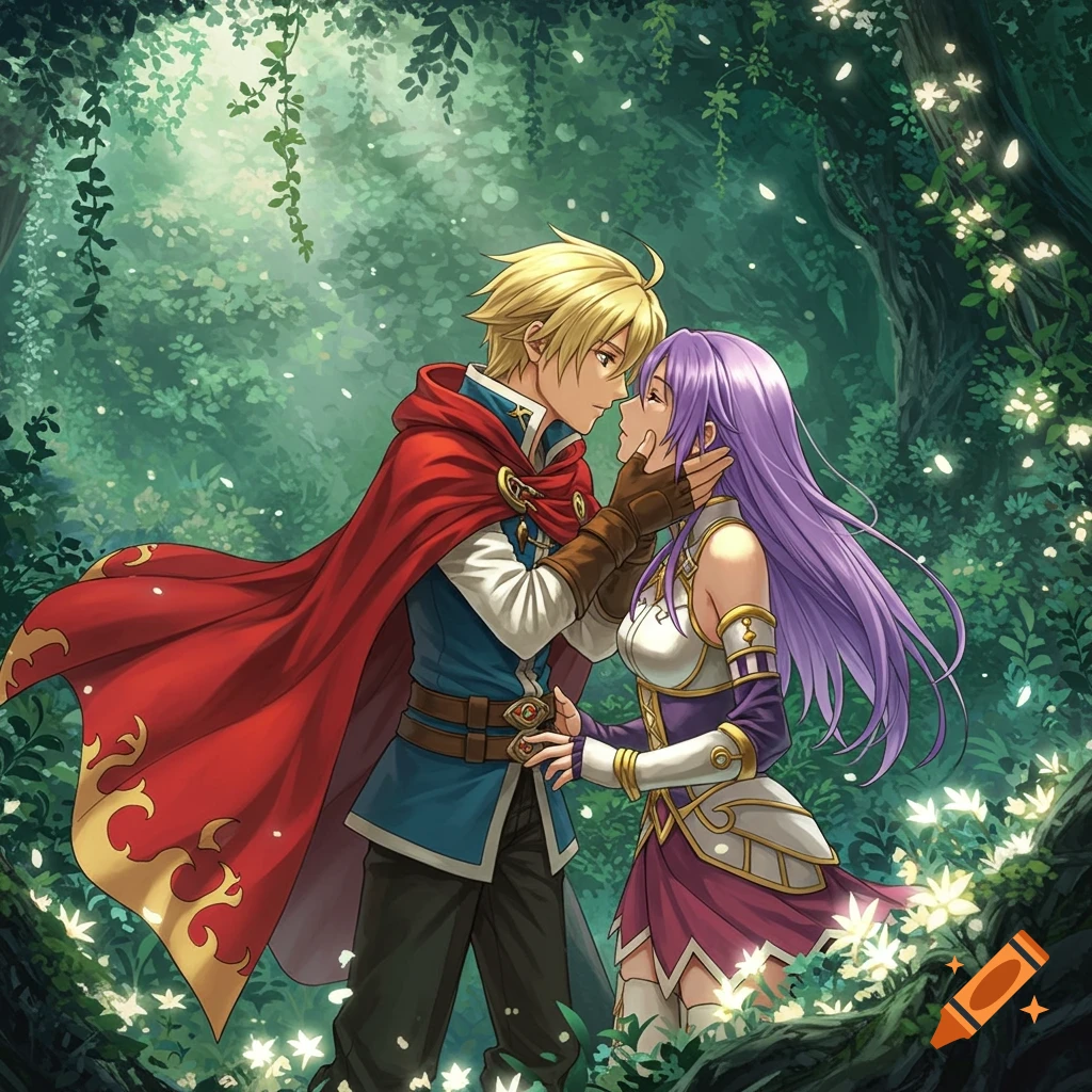 Anime style illustration of a blonde man in a red cape embracing a purple-haired woman in a magical forest.