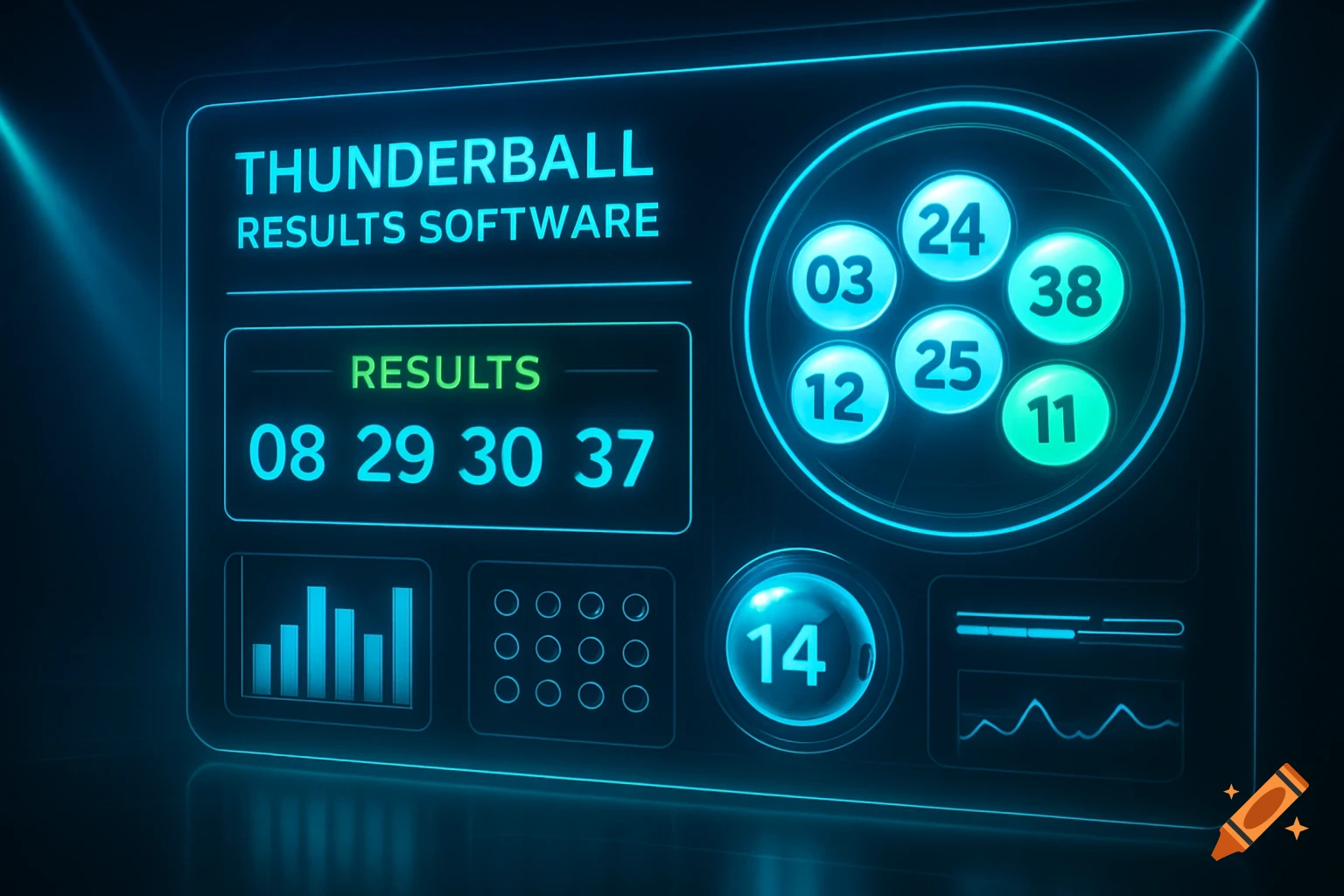 A futuristic blue and green digital interface displays Thunderball lottery results with numbers, charts, and spheres.