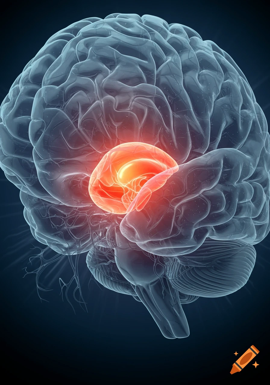 A translucent 3D rendering of a human brain with a bright red, glowing area representing the amygdala.