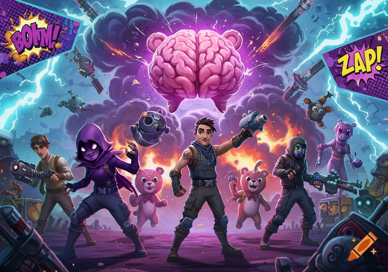 Fortnite-style characters and teddy bears in an action scene with lightning, clouds, a large glowing brain, and comic book 'BOOM!' and 'ZAP!' text.