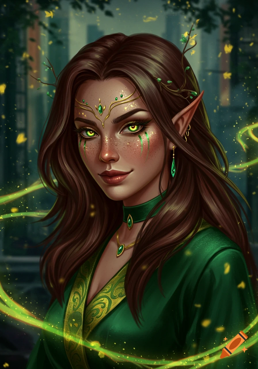 A fantasy portrait of an elven woman with glowing green eyes, long brown hair, and pointed ears, adorned in green and gold, with magical green light.