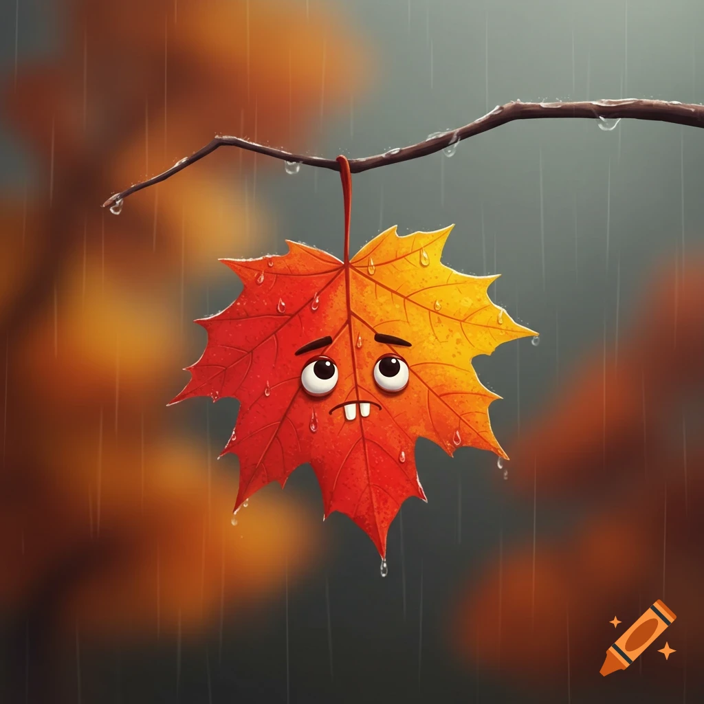 A sad, Pixar-style maple leaf with googly eyes and buck teeth hangs from a wet branch in the rain, showing fall colors.