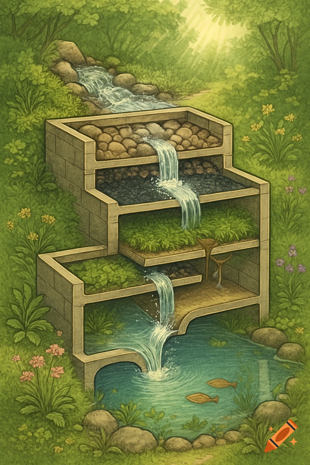 An illustrated multi-stage water filtration system in a forest, with water flowing from a stream into a pond with fish.