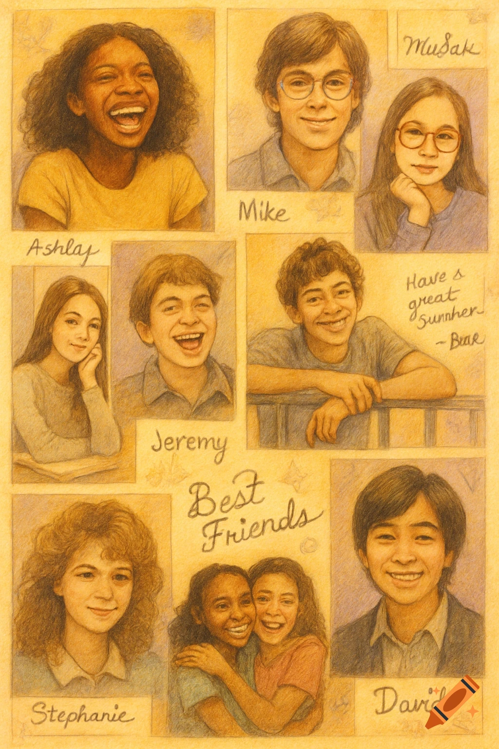 A hand-drawn yearbook page featuring multiple diverse young people smiling, with their names and 'Best Friends' written in script.