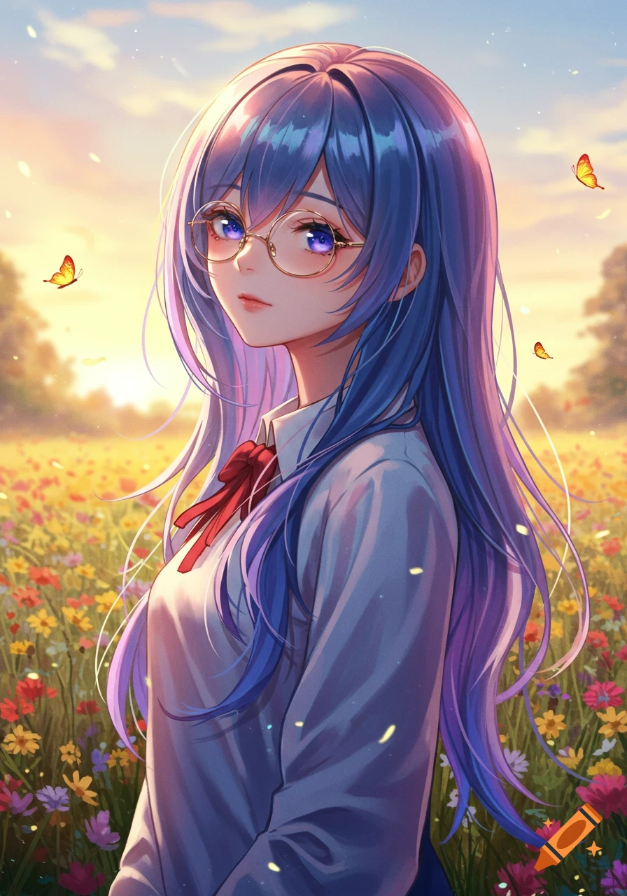 A vibrant anime girl with long blue hair and glasses stands in a field of colorful flowers under a bright sky.