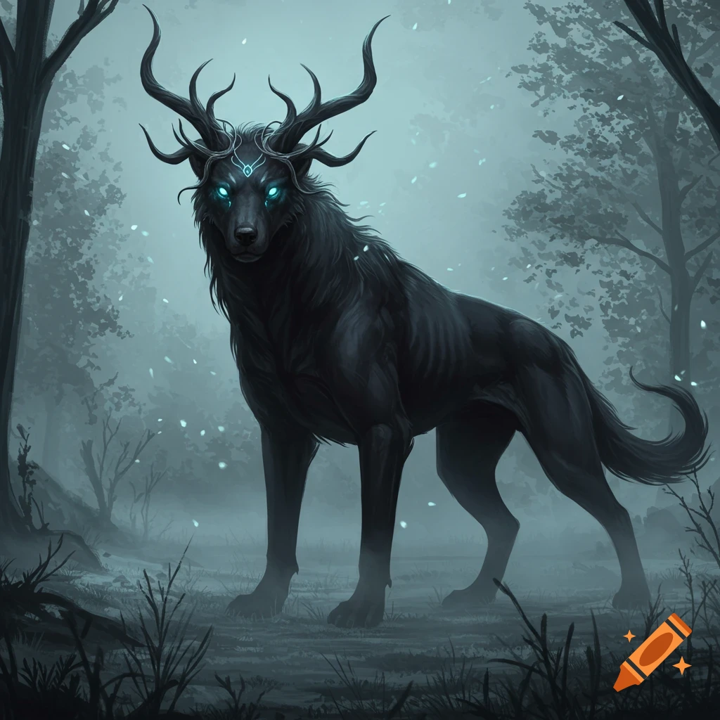 A dark, wolf-like creature with large antlers and glowing blue eyes stands in a mystical, misty forest.