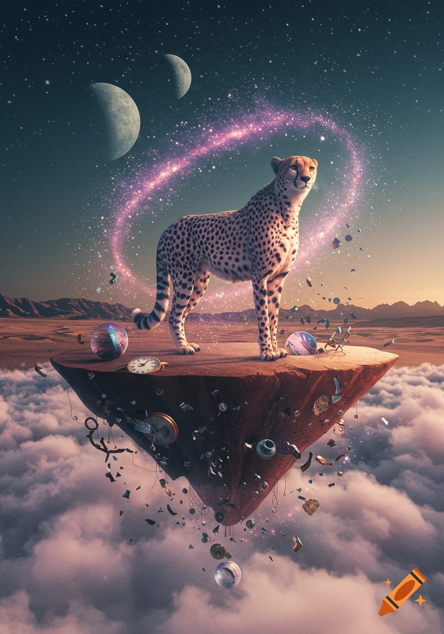 Surreal painting of a cheetah standing on a floating island with planets, stars, and glowing light.