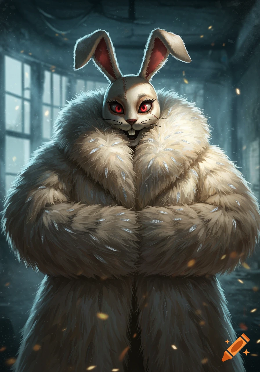 A creepy white rabbit character with red eyes and a stitched face, wearing a large fluffy white fur coat, stands in a dark room.