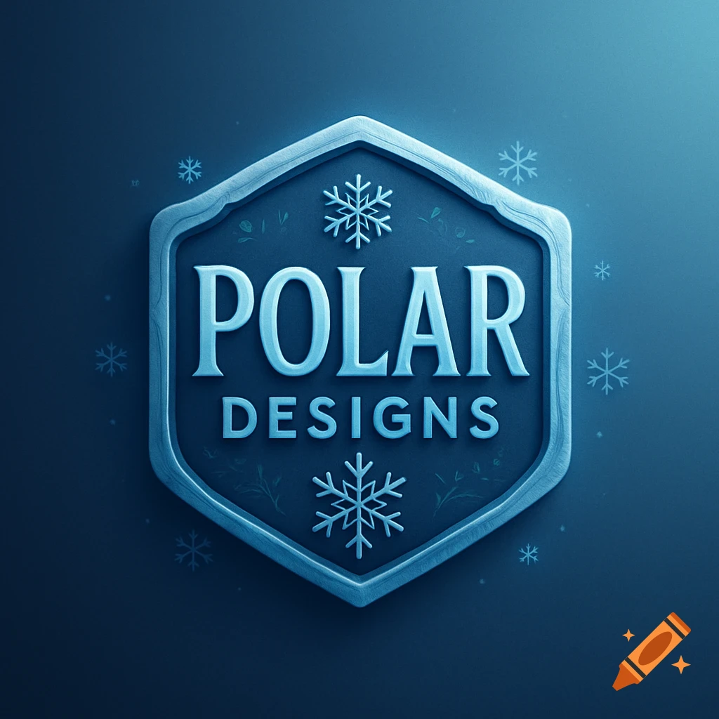 A blue, icy shield-shaped emblem with the words "POLAR DESIGNS" and snowflake icons. The background is a gradient blue.