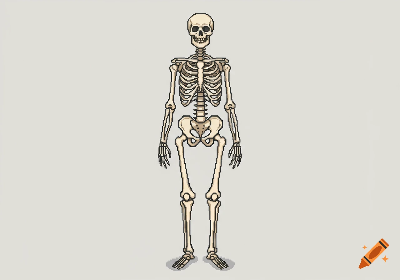 A pixel art illustration of a full human skeleton in a front view on a neutral background.